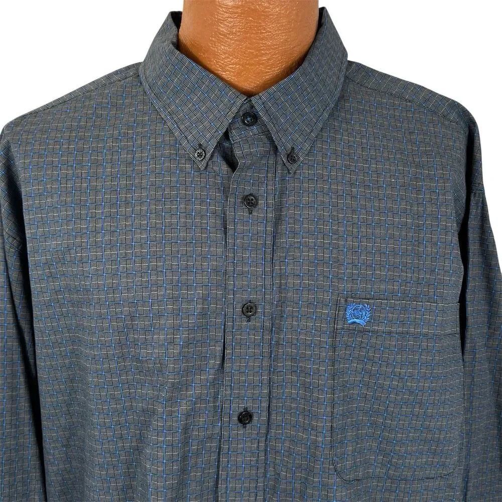 Cinch Shirt Mens XL Blue Grid Check Button Down Long Sleeve Western Cotton
